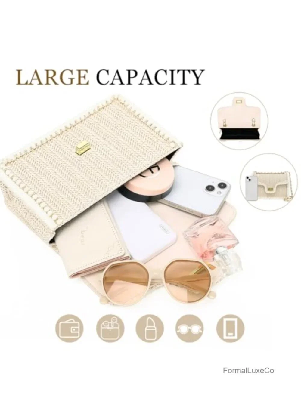 Woven Straw Crossbody Bag for Women Boho Summer Beach Purse with Chain Strap